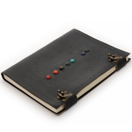 Vintage Leather Cover Notebook with Girl in Lotus Pose and Seven Chakras Stones